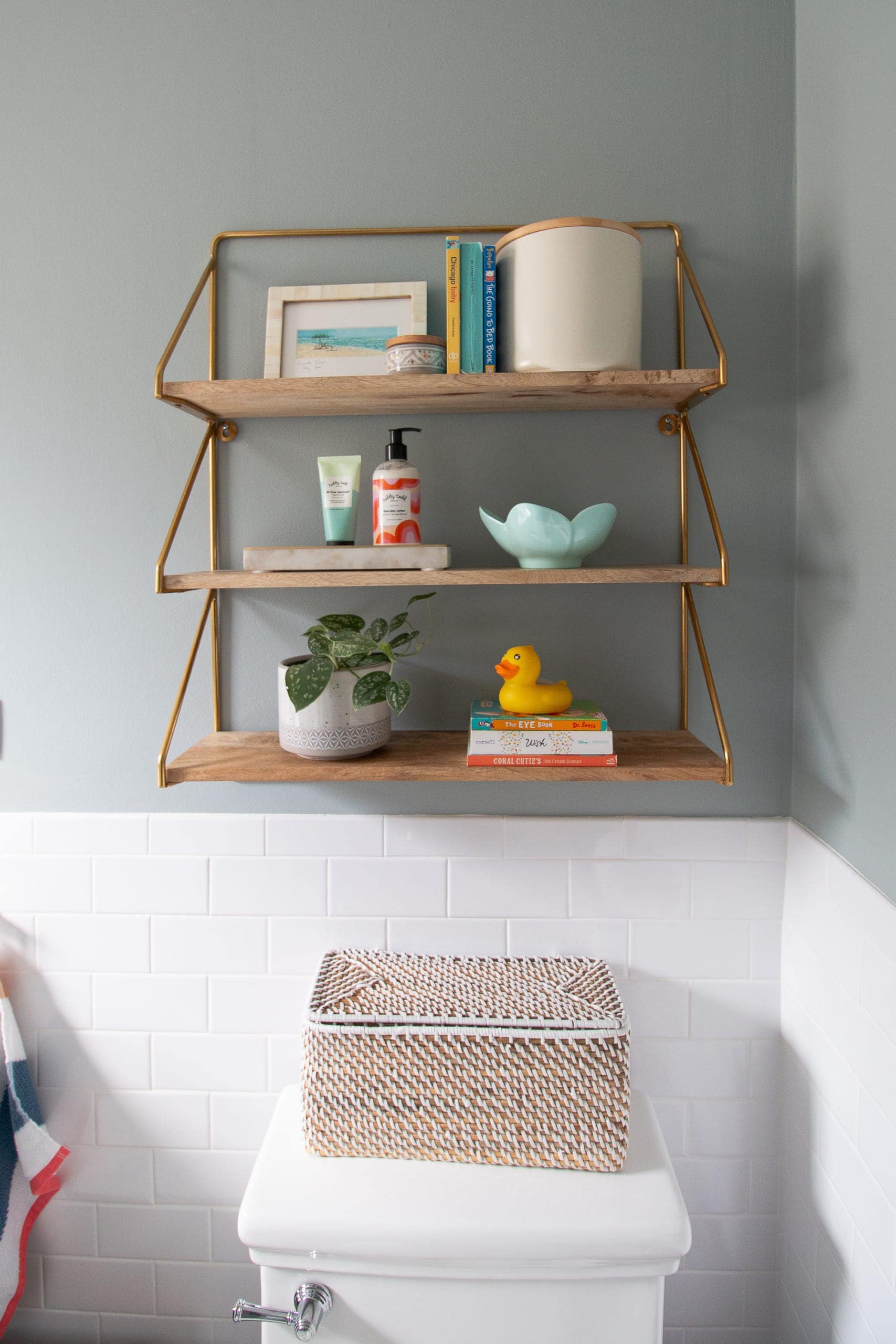 The shelving unit in our kids' bathroom